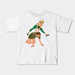 Blonde girl jumping her boyfriend: love play Kids T-Shirt